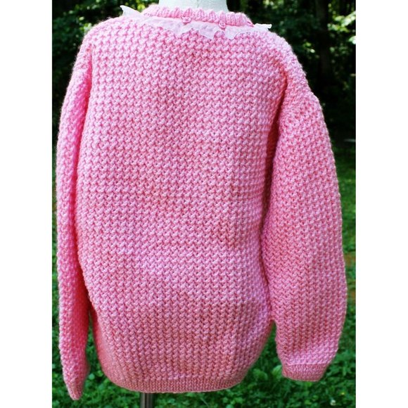 Crochet Cable Knit Pink Sweater Cardigan Roses Sheer Ruffle Girls Sz XL - Picture 5 of 8